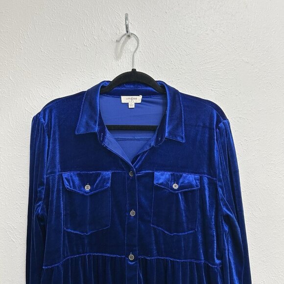 Umgee Cobalt Blue Velvet Long Sleeve Collar Button Down Tiered Pocket Dress Sz L - Picture 3 of 12